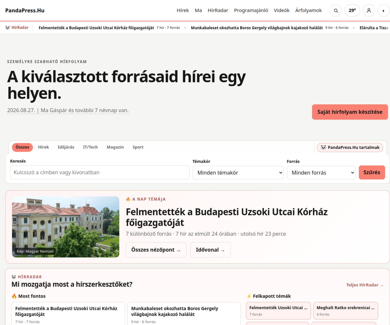 A PandaPress.hu aktuális címlapjának előnézete